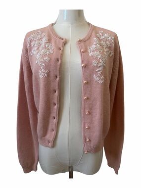 Croquet Club Vintage 80s Soft Pink Beaded Cardigan Size M